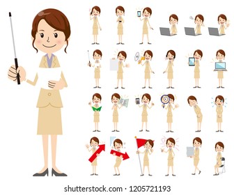 It is a character set of a business women. There are gestures and poses mainly explained. It's vector art so it's easy to edit.