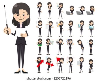 It is a character set of a business women. There are gestures and poses mainly explained. It's vector art so it's easy to edit.