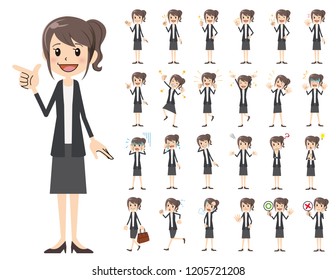 It is a character set of a business women. There are basic emotional expression and pose. It's vector art so it's easy to edit.