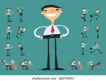 Character set of businessman. Businessman in different poses and situations. Vector illustration.