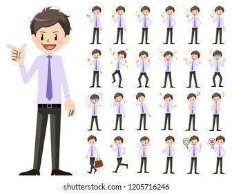 It is a character set of a businessman. There are basic emotional expression and pose. It's vector art so it's easy to edit.