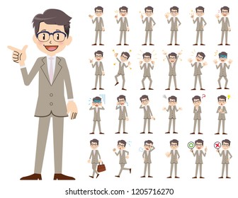 It is a character set of a businessman. There are basic emotional expression and pose. It's vector art so it's easy to edit.