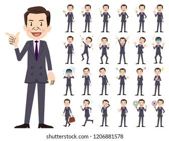It is a character set of a businessman. There are basic emotional expression and pose. It's vector art so it's easy to edit.