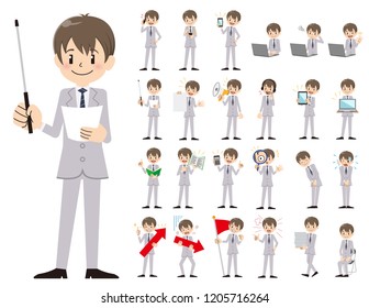 It is a character set of a businessman. There are gestures and poses mainly explained. It's vector art so it's easy to edit.