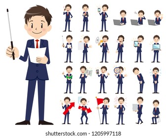 It is a character set of a businessman. There are gestures and poses mainly explained. It's vector art so it's easy to edit.