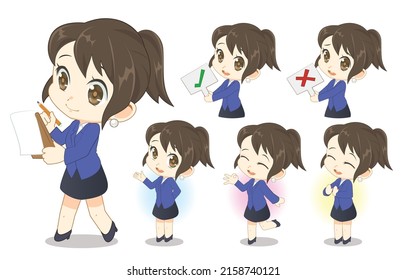 character set of Businesswoman in suit with various gesture of working in cartoon style for graphic designer, vector illustration
