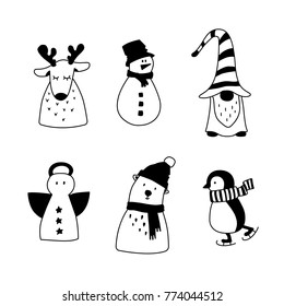 ?hristmas character set. Cartoon cute winter silhouette isolated on white. Hand drawn penguin, bear, snowman, reindeer, angel, gnome. Scandinavian nordic design for print greeting card home interior