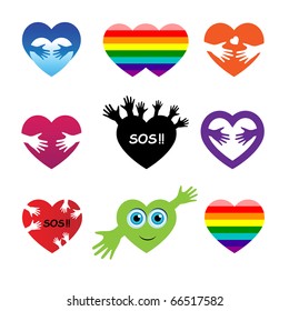 Character set characters with hearts and hands to color. Vector.