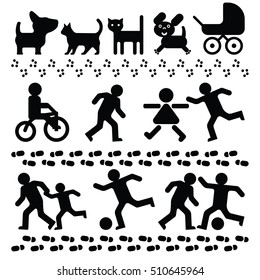 Character Set children and pet animals. Two-dimensional black and white silhouettes for road safety signs.