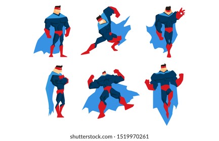 Character Set, Comic Superhero in Different Action Poses Vector Illustration