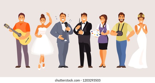 Character set of creative professions. Musician, ballerina, singer, conductor, artist photographer actress Vector illustration