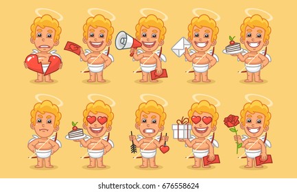 Character set cupid in various versions part 2. Vector illustration. Mascot character.