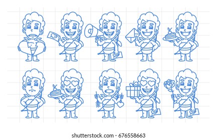 Character set cupid in various versions scribble part 2. Vector illustration. Mascot character.