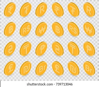 Character set of currencies on the transparent isolated background.Banknotes of the different countries of the world.Gold coins in isometric, 3D style.Flat design. Vector illustration.