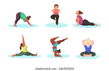 Character set - curvy women doing yoga - vector flat illustration. Body positive. svg