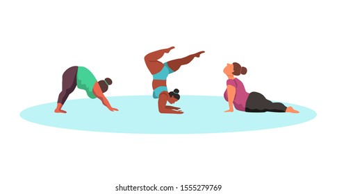 Character set - curvy women doing yoga - vector flat illustration. Bodypositive concept
