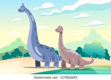 Character set of cute colored cartoon dinosaurs. Dinosaurs from jurassic period Predators and herbivores illustration collection