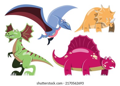 Character set of cute colored cartoon dinosaurs. Dinosaurs from jurassic period Predators and herbivores illustration collection