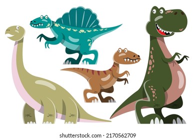 Character set of cute colored cartoon dinosaurs. Dinosaurs from jurassic period Predators and herbivores illustration collection