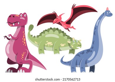 Character set of cute colored cartoon dinosaurs. Dinosaurs from jurassic period Predators and herbivores illustration collection