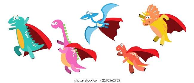 Character set of cute colored cartoon dinosaurs. Dinosaurs from jurassic period Predators and herbivores illustration collection