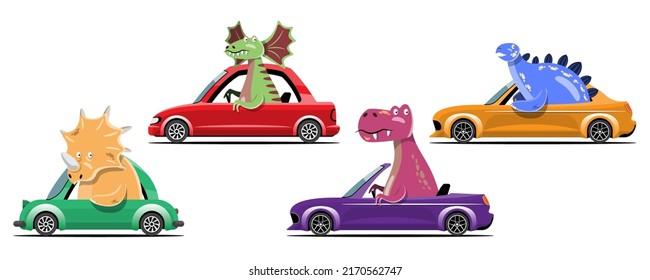 Character set of cute colored cartoon dinosaurs. Dinosaurs from jurassic period Predators and herbivores illustration collection