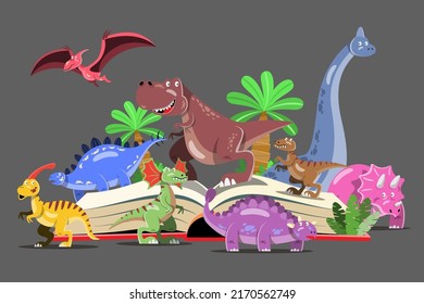 Character set of cute colored cartoon dinosaurs. Dinosaurs from jurassic period Predators and herbivores illustration collection