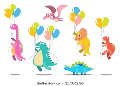 Character set of cute colored cartoon dinosaurs. Dinosaurs from jurassic period Predators and herbivores illustration collection