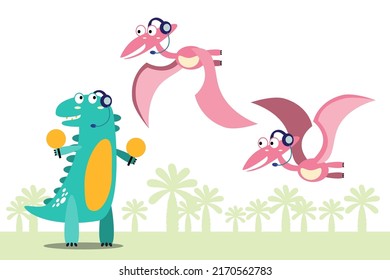 Character set of cute colored cartoon dinosaurs. Dinosaurs from jurassic period Predators and herbivores illustration collection