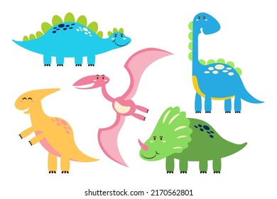 Character set of cute colored cartoon dinosaurs. Dinosaurs from jurassic period Predators and herbivores illustration collection