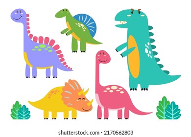 Character set of cute colored cartoon dinosaurs. Dinosaurs from jurassic period Predators and herbivores illustration collection