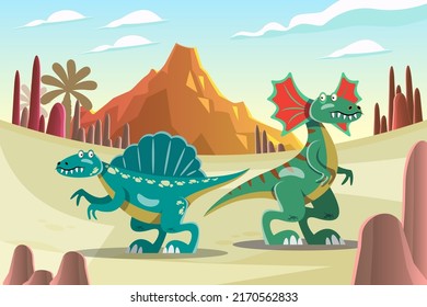 Character set of cute colored cartoon dinosaurs. Dinosaurs from jurassic period Predators and herbivores illustration collection