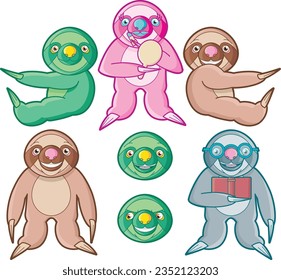 Character set of cute little cartoon sloths with individual personalities in vector format.