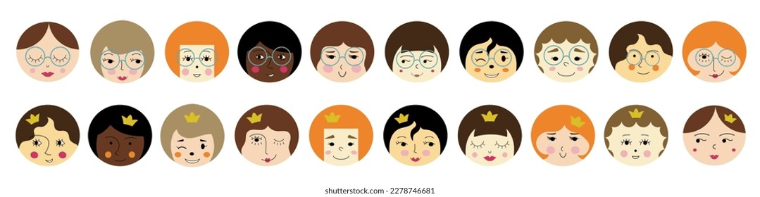 Character set, cutely girlish faces. Flat icons, various stickers, feminine guise. Abstract colorful design
