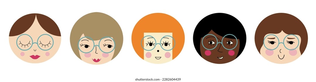 Character set, cutely girlish faces. Diverse stickers, different moods, woman visage. Abstract colorful design
