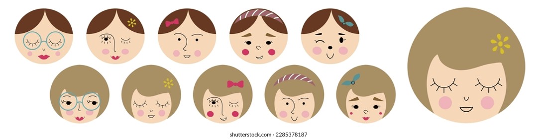 Character set, cutely girlish faces. Funny shapes, different emoticons, women look. Vector illustration in simple flat style
