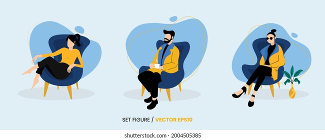 character set design is sitting on a chair, as a model, acting, or judge.