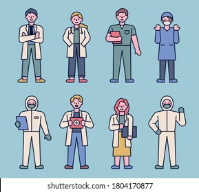 Character set of doctors in various uniforms. flat design style minimal vector illustration.