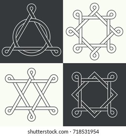 Character set, executed in linear style.Celtic signs, knots and interlacings. Concept of secret and origin of mankind. Mascots, charms executed in the form of logos. Magic signs. Vector illustration.
