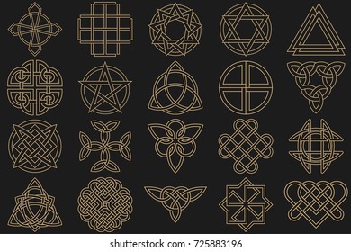 Character set, executed in linear style.Celtic signs, knots and interlacings. Concept of secret origin of mankind. Mascots and charms executed in the form of logos. Magic signs. Vector illustration.