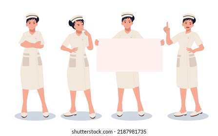 character set of Female nurse in Different poses and emotions. Vector cartoon illustration