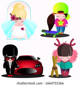 character set girl bride, business lady, skateboarder, skier, red car flat design
