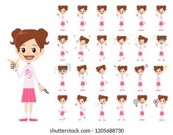 It is a character set of a Girl. There are basic emotional expression and pose. It's vector art so it's easy to edit.