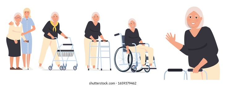 Character set, grandmother in a wheelchair, granny with a paddle walker and an elderly woman with a walking stick and a nurse.