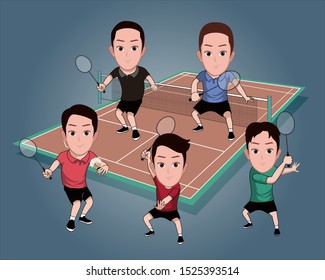 The character set of a group of men posing with a badminton racket of various styles, with a badminton court background. Vector cartoons that can be used for caricature or mascot.