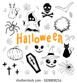 The character set for Halloween. Ghost, skull with bones, spider and web, witch hat, cats, bat, monster faces, pumpkin, lettering, branches with thorns.