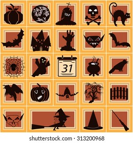 The character set for Halloween. Merry Halloween with a cat, a witch, a vampire, a bat and a pumpkin. Vector illustration.