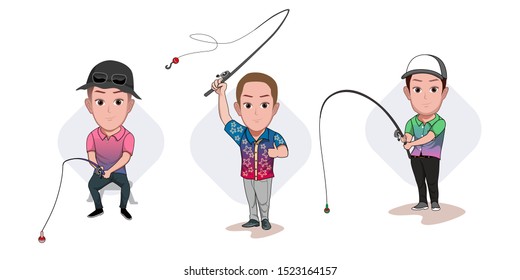 character set illustrations, some people are posing throwing fishing hooks with varied styles. Vector cartoons that can be used to caricature templates with plain backgrounds.