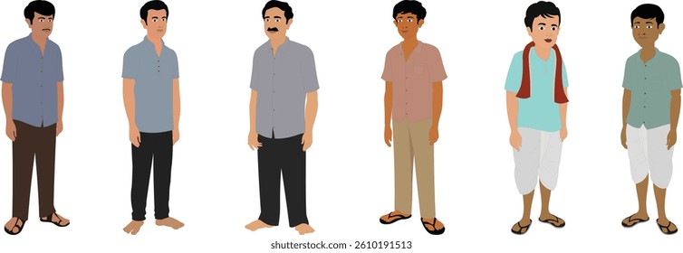 Character set of Indian men in shirt pant and Indian traditional dress. Vector illustration of Indian adult and young adult men isolated on white background. Vector design of male characters eps10.
