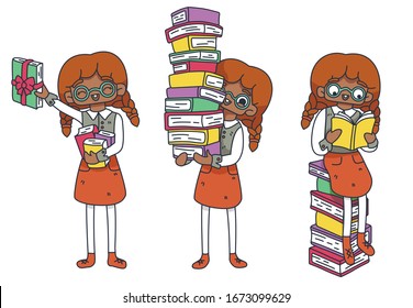 Character Set Literary fan. African girl nerd with glasses sitting on books. Stack of books, stock in a bookstore. International Children's Book Day. Student's day. Isolated vector illustration.